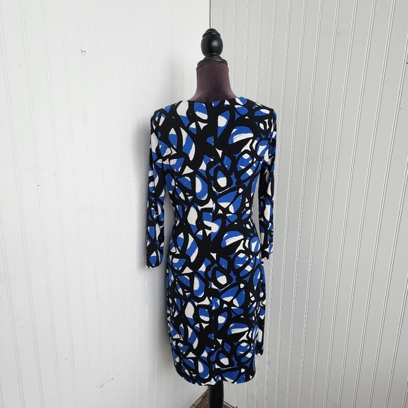 Calvin Klein Black and Blue Sheath Dress with V-Neck and 3/4 Sleeves - Picture 8 of 15